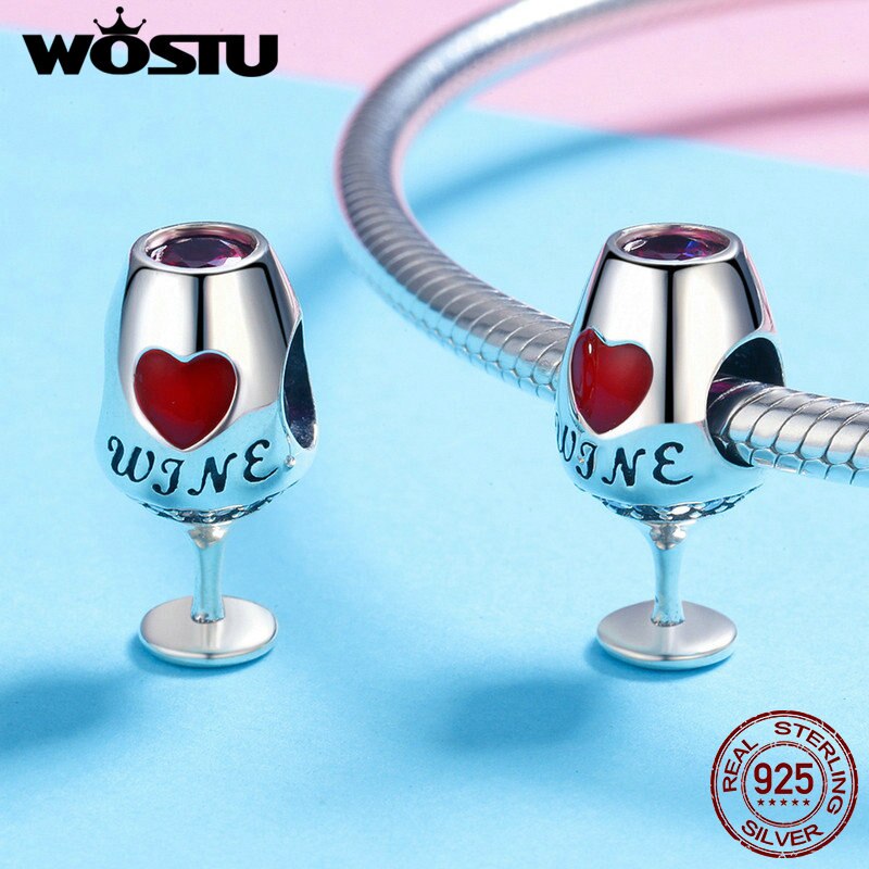 WOSTU Retro 925 Sterling Silver Rose Flower Charms Wine Cup Pendant Cherry Beads Fit Original Bracelet DIY Necklace Jewelry Make