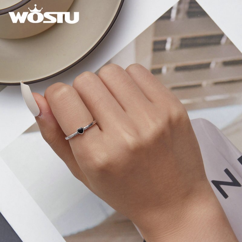 WOSTU 925 Sterling Silver Classical Heart Style Black Crystal CZ Rings For Women Retro Flower Pattern Ring Special Gift For Her