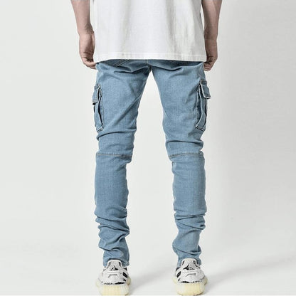 Pantalones vaqueros para hombre, pantalones vaqueros lavados de Color sólido con múltiples bolsillos, pantalones vaqueros Cargo de cintura media de talla grande, pantalones casuales a la moda, ropa de uso diario para hombre