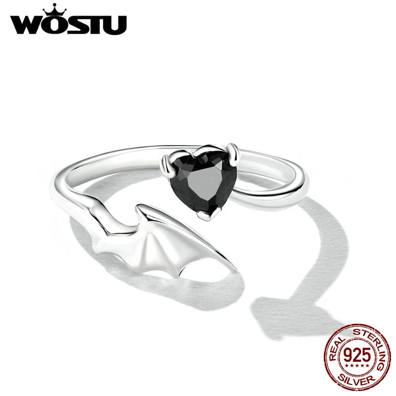 WOSTU 100% 925 plata esterlina Devil Heart Ear Studs anillo y collar conjuntos para mujeres fino corazón circón aniversario joyería trajes