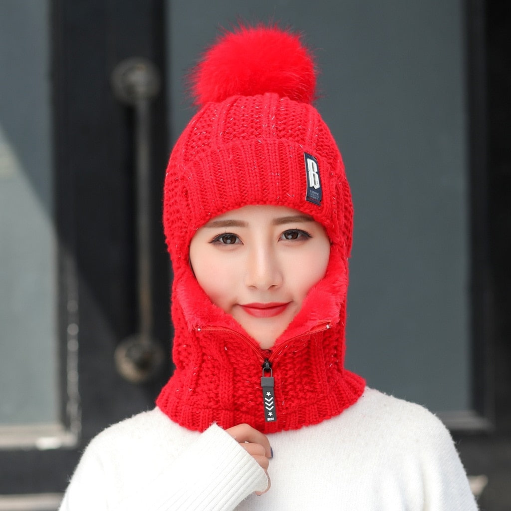 Gorro de punto de lana para mujer, conjuntos de gorro de esquí a prueba de viento para invierno al aire libre, bufanda siamesa gruesa, cuello cálido, gorros cálidos para mantener la cara