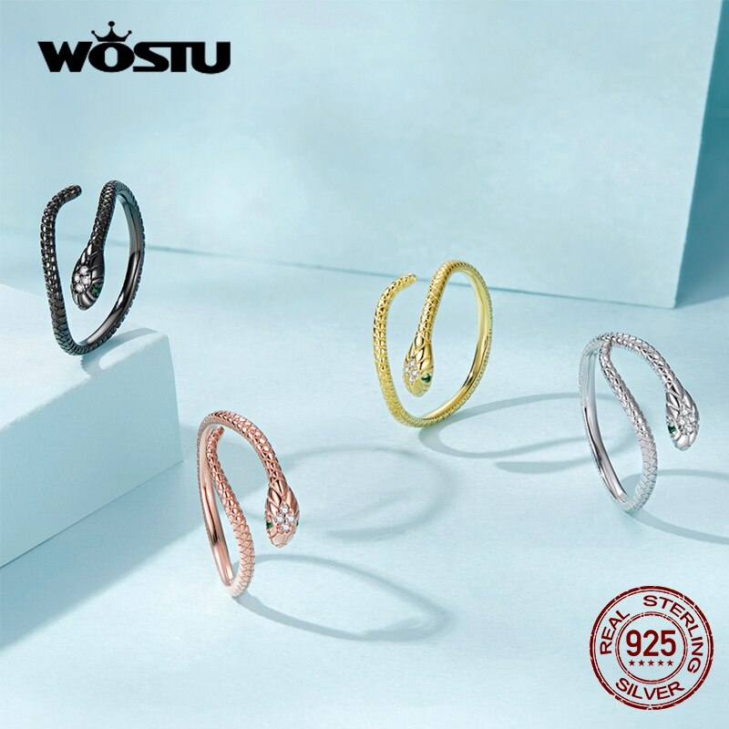 WOSTU New Black Snake Ring 100% 925 Sterling Silver Plated Black Gold Animal Snake Open Ring For Women Fine S925 Jewelry Present