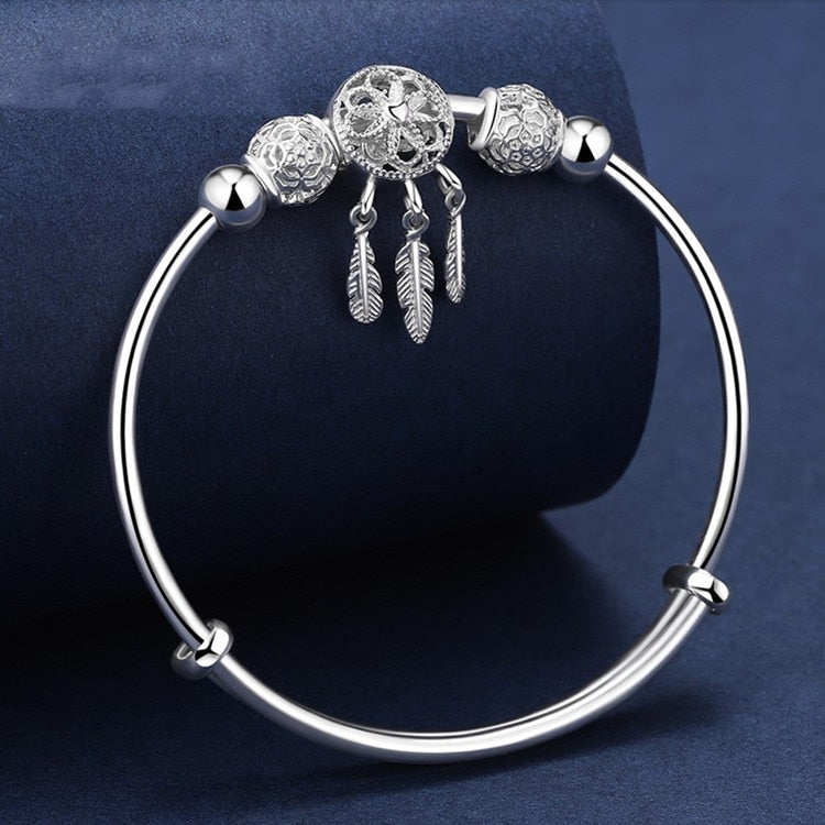 925 Sterling Silver Dreamcatcher Tassel Feather lucky Bead Bracelet Bangle For Women fashion Original party wedding Jewelry gift