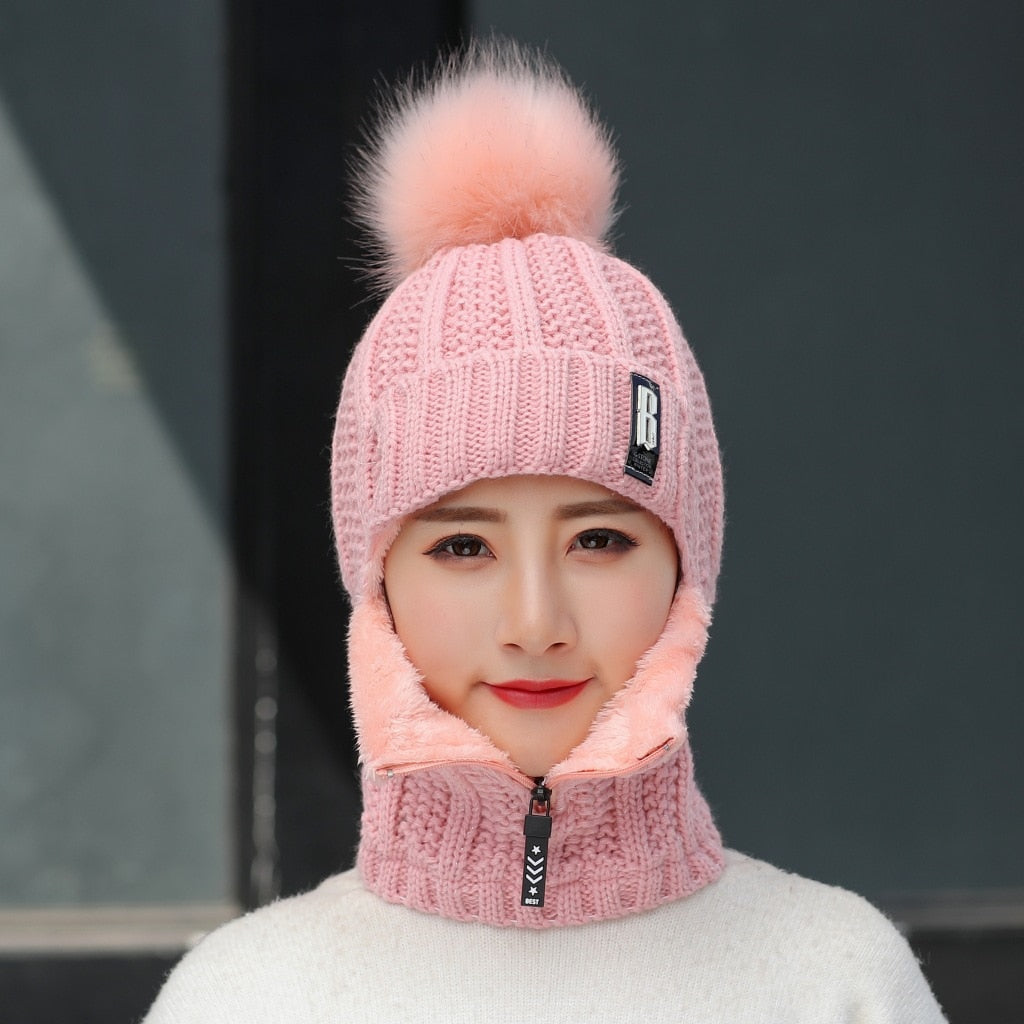 Gorro de punto de lana para mujer, conjuntos de gorro de esquí a prueba de viento para invierno al aire libre, bufanda siamesa gruesa, cuello cálido, gorros cálidos para mantener la cara