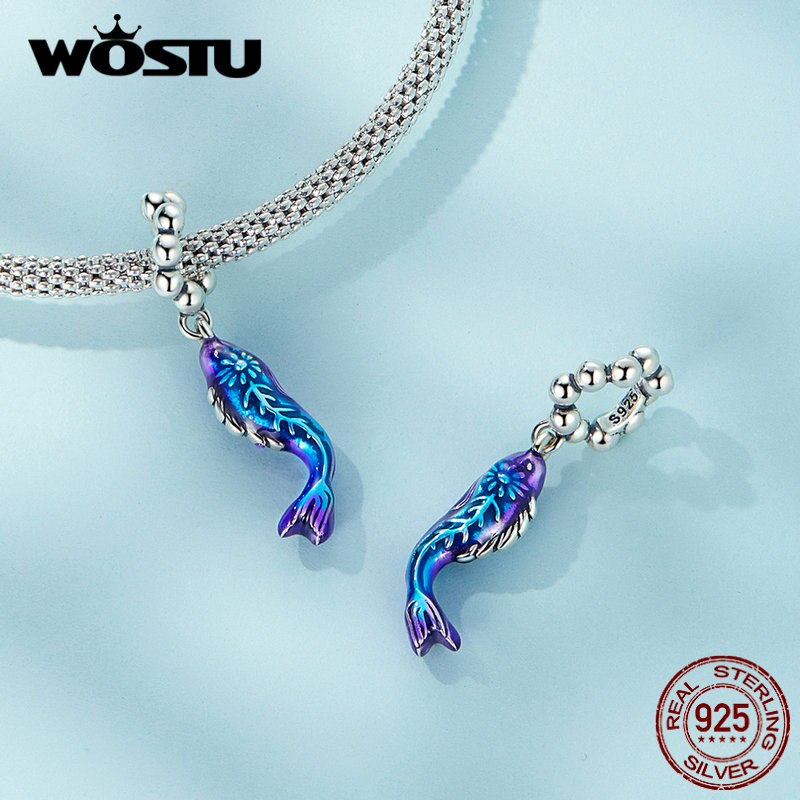 WOSTU 925 Sterling Silver Colorful Gradient Carp Devil Flower Charms Fish Pendant Dragon Scale Beads Fit DIY Bracelet Necklace