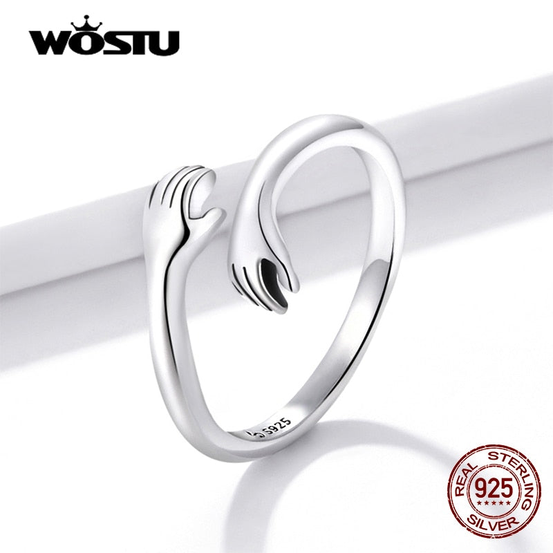 Anillo de plata de ley 925 WOSTU para abrazar las manos, anillo de dedo de diseño Simple para mujer, joyería de plata elegante CTR176