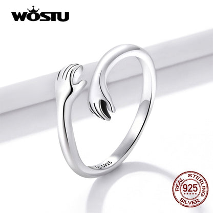 Anillo de plata de ley 925 WOSTU para abrazar las manos, anillo de dedo de diseño Simple para mujer, joyería de plata elegante CTR176