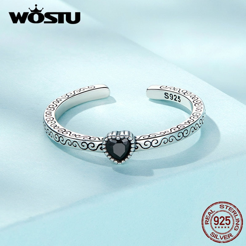 WOSTU 925 Sterling Silver Classical Heart Style Black Crystal CZ Rings For Women Retro Flower Pattern Ring Special Gift For Her