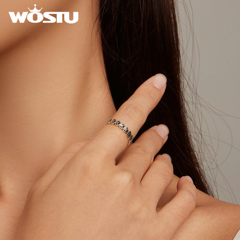 WOSTU Real 925 Sterling Silver Vintage Heart Shape Rings For Women Black CZ Lovely Hollow Ring Girl Wedding Party Jewelry Gift