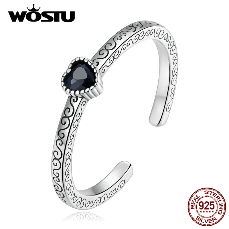 Anillos WOSTU de Plata de Ley 925 con forma de corazón clásico y cristal negro CZ para mujer, anillo con patrón de flores Retro, regalo especial para ella