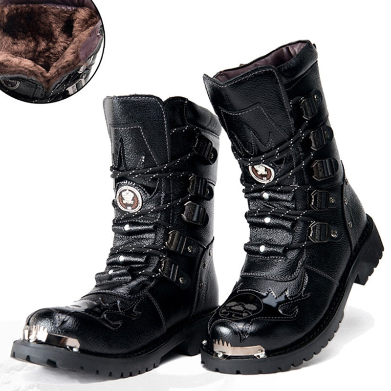 Botas de moto de invierno para hombre, nueva moda, zapatos Punk Rock Punk de media pantorrilla, botas altas negras de cuero genuino para hombre, botas informales para hombre 38-46