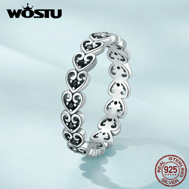 WOSTU Real 925 Sterling Silver Vintage Heart Shape Rings For Women Black CZ Lovely Hollow Ring Girl Wedding Party Jewelry Gift