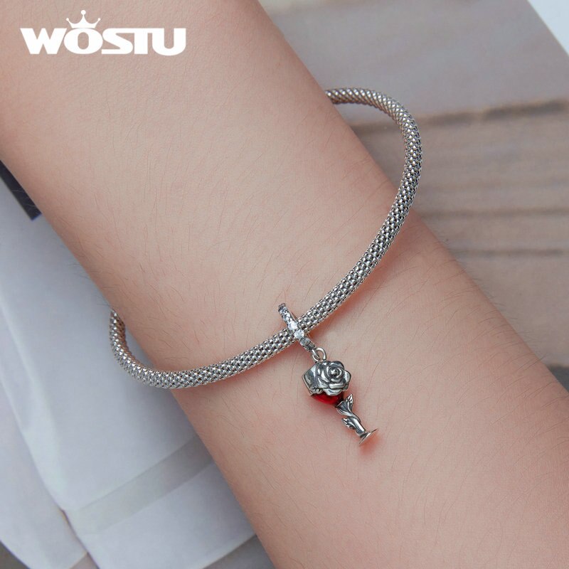 WOSTU Retro 925 Sterling Silver Rose Flower Charms Wine Cup Pendant Cherry Beads Fit Original Bracelet DIY Necklace Jewelry Make