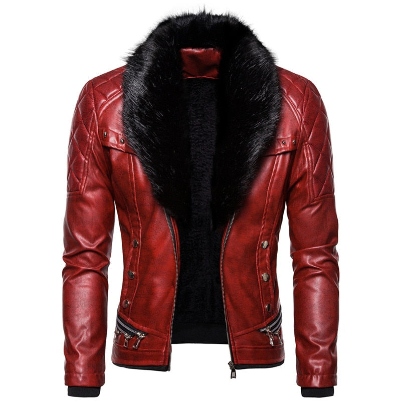 2023 New Design Motorcycle Bomber Add Wool Leather Jacket Men Autumn Turn Down Fur Collar Removable Slim Fit Male Warm Pu Coats