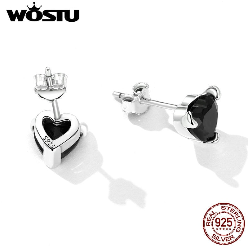 WOSTU 100% 925 plata esterlina Devil Heart Ear Studs anillo y collar conjuntos para mujeres fino corazón circón aniversario joyería trajes