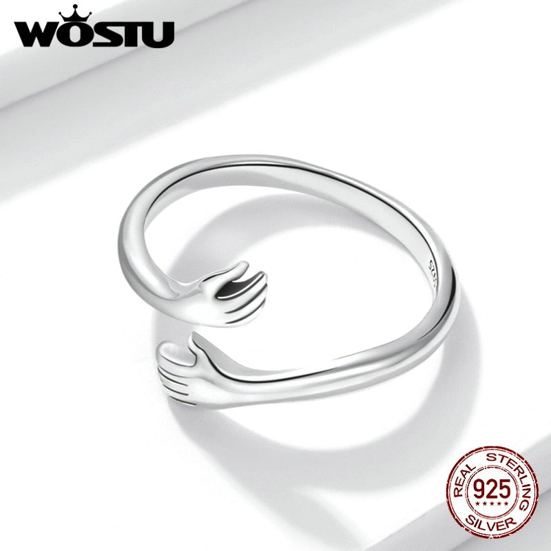 Anillo de plata de ley 925 WOSTU para abrazar las manos, anillo de dedo de diseño Simple para mujer, joyería de plata elegante CTR176