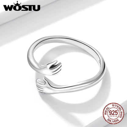 Anillo de plata de ley 925 WOSTU para abrazar las manos, anillo de dedo de diseño Simple para mujer, joyería de plata elegante CTR176
