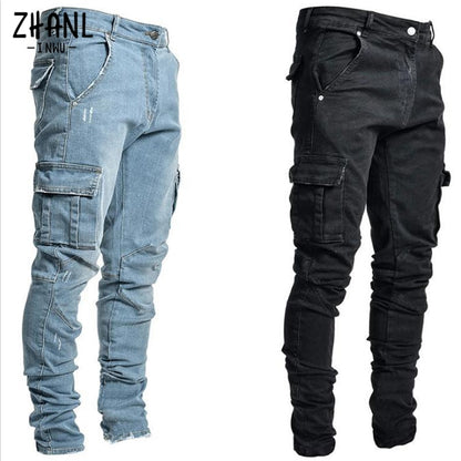 Pantalones vaqueros para hombre, pantalones vaqueros lavados de Color sólido con múltiples bolsillos, pantalones vaqueros Cargo de cintura media de talla grande, pantalones casuales a la moda, ropa de uso diario para hombre