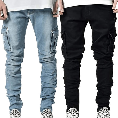 Pantalones vaqueros para hombre, pantalones vaqueros lavados de Color sólido con múltiples bolsillos, pantalones vaqueros Cargo de cintura media de talla grande, pantalones casuales a la moda, ropa de uso diario para hombre