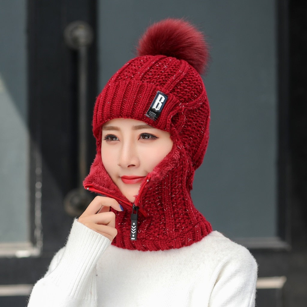 Gorro de punto de lana para mujer, conjuntos de gorro de esquí a prueba de viento para invierno al aire libre, bufanda siamesa gruesa, cuello cálido, gorros cálidos para mantener la cara