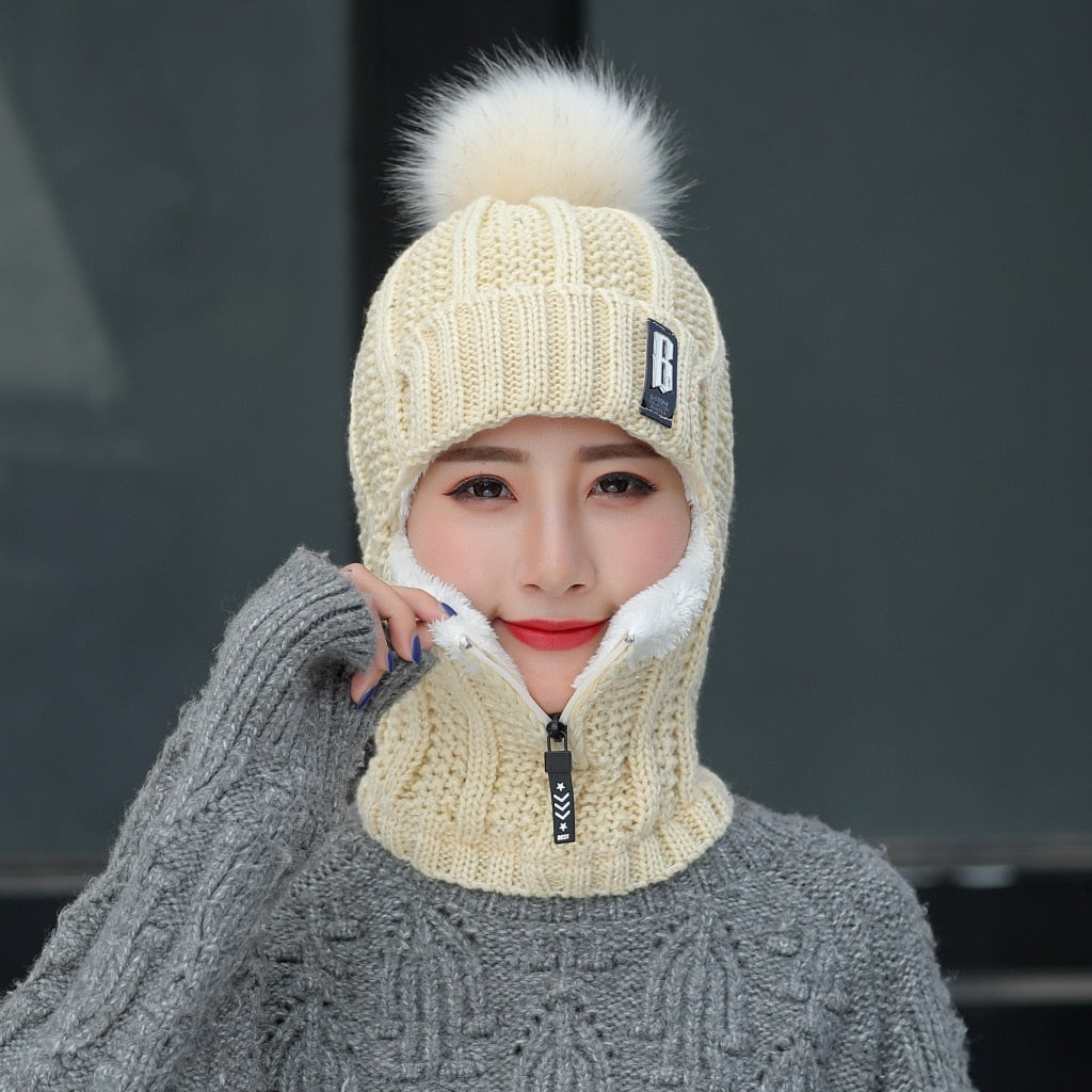 Gorro de punto de lana para mujer, conjuntos de gorro de esquí a prueba de viento para invierno al aire libre, bufanda siamesa gruesa, cuello cálido, gorros cálidos para mantener la cara