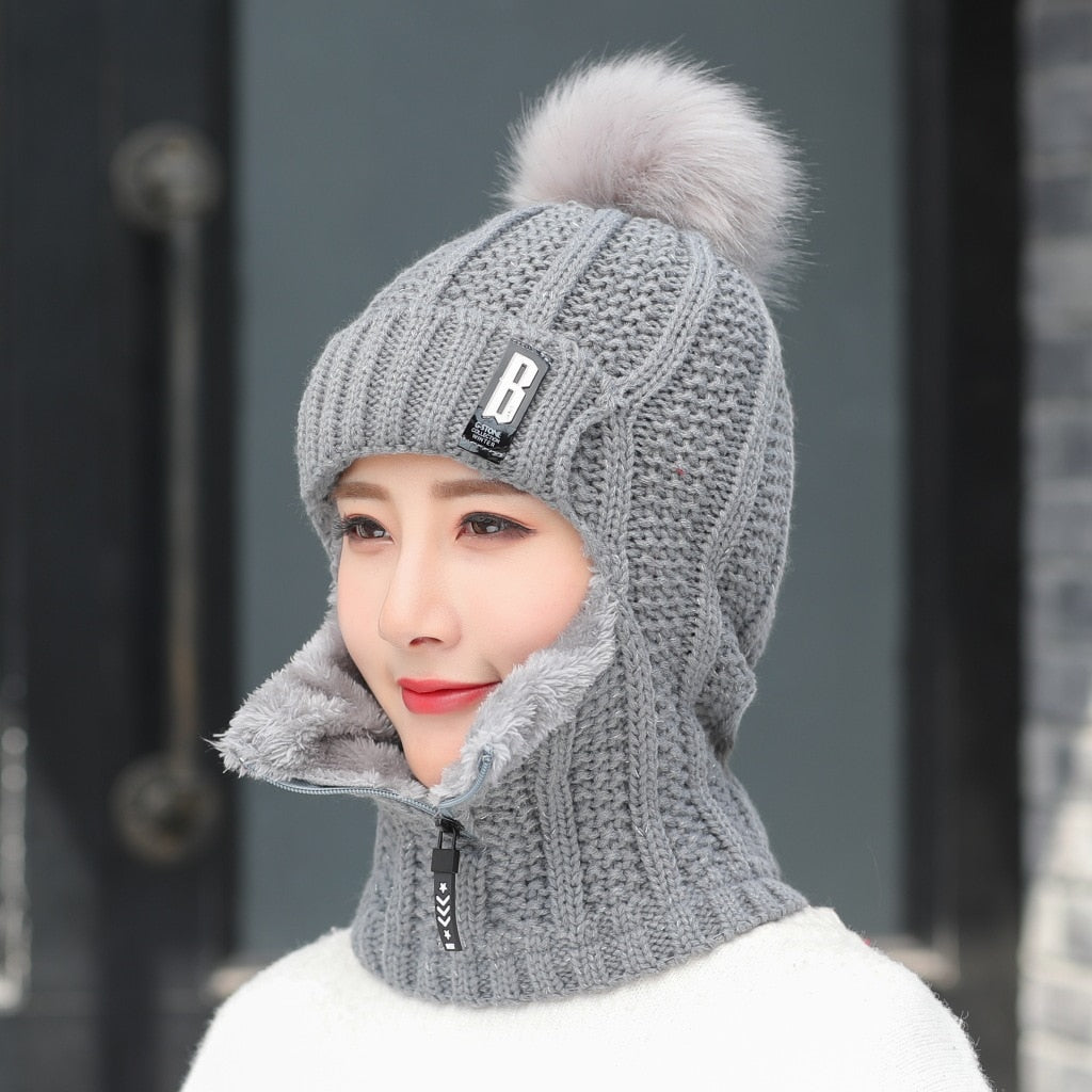 Gorro de punto de lana para mujer, conjuntos de gorro de esquí a prueba de viento para invierno al aire libre, bufanda siamesa gruesa, cuello cálido, gorros cálidos para mantener la cara