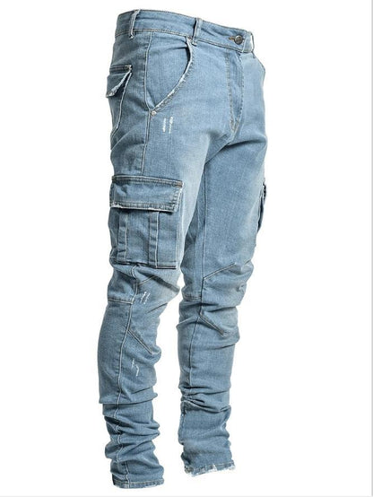 Pantalones vaqueros para hombre, pantalones vaqueros lavados de Color sólido con múltiples bolsillos, pantalones vaqueros Cargo de cintura media de talla grande, pantalones casuales a la moda, ropa de uso diario para hombre