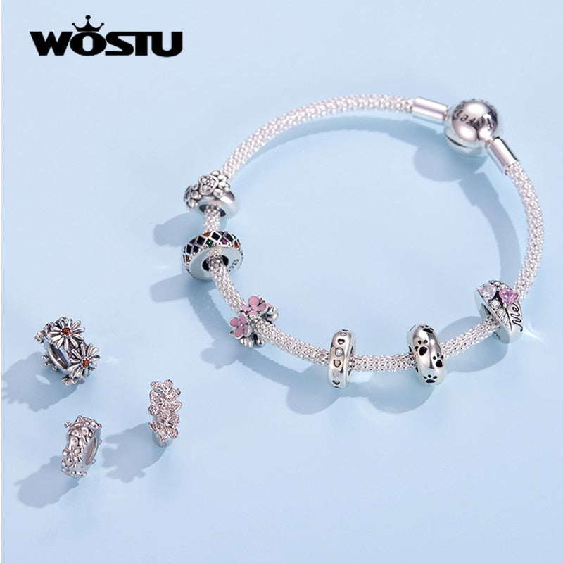 WOSTU Real 925 Sterling Silver 15 Styles Pet Vintage Heart Spacer Stopper Beads fit Wostu original Charm Bracelet Jewelry CQC593