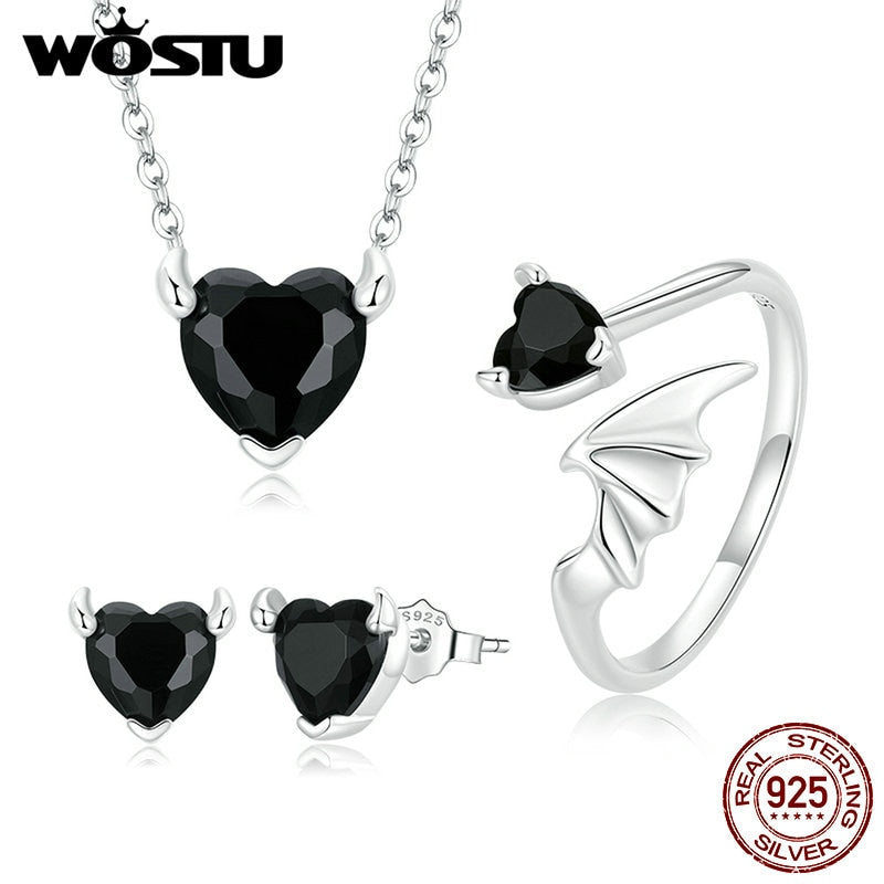 WOSTU 100% 925 Sterling Silver Devil Heart Ear Studs Ring &amp; Necklace Sets for Women Fine Heart Zircon Anniversary Jewelry Suits