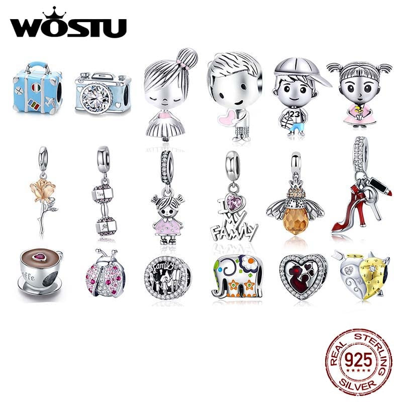 WOSTU 925 Sterling Silver Women Boy Girls Pet Camera Bee Charm Coffee Ladybug Beads Fit DIY Original Bracelet Pendants Jewelry