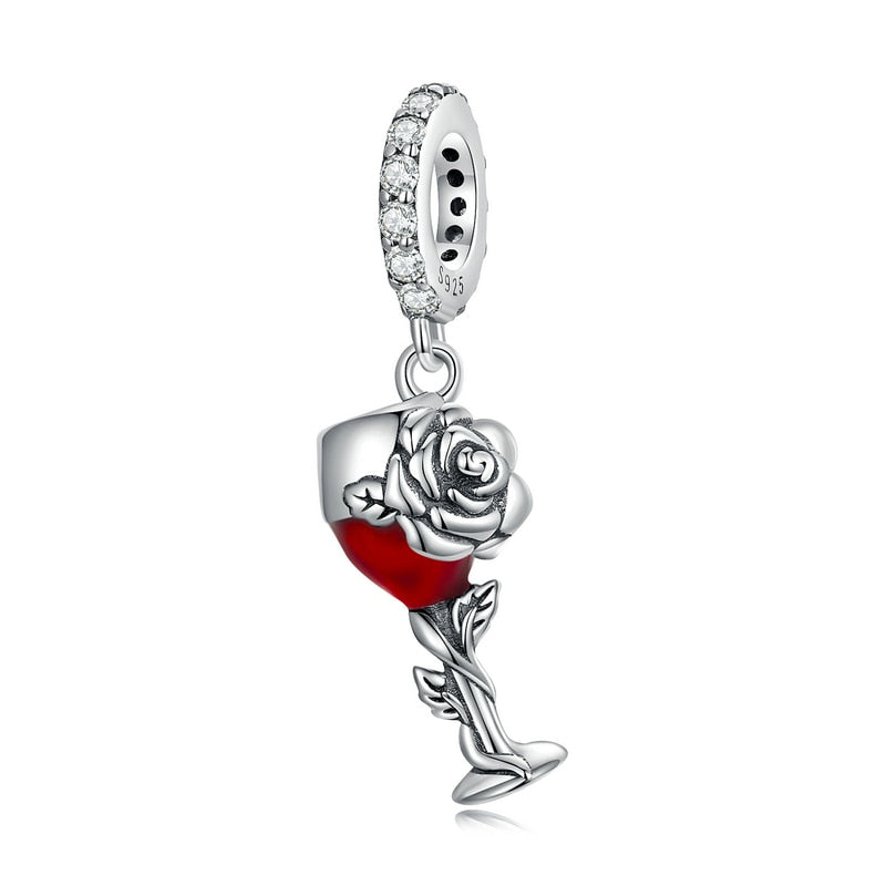 WOSTU Retro 925 Sterling Silver Rose Flower Charms Wine Cup Pendant Cherry Beads Fit Original Bracelet DIY Necklace Jewelry Make