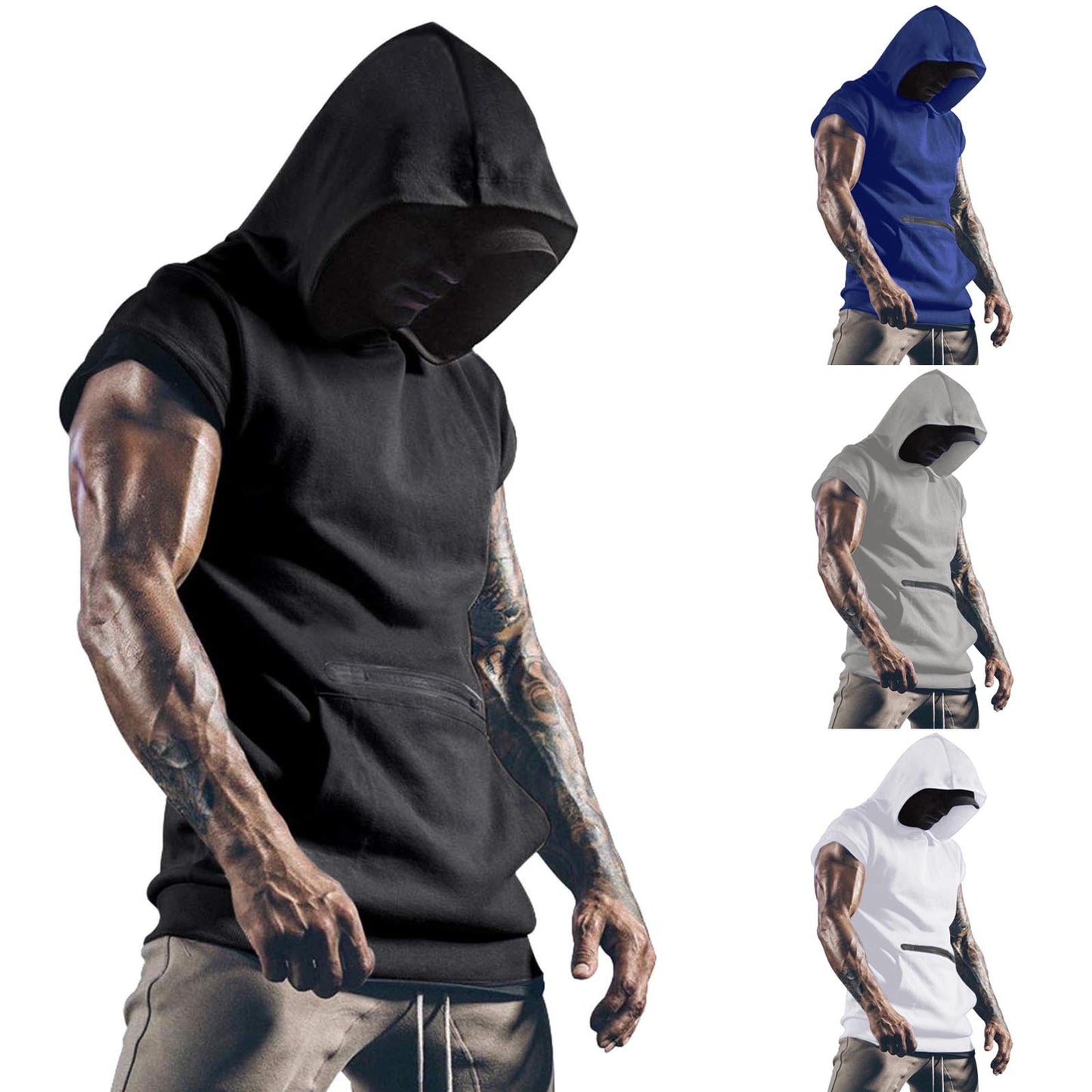 Camiseta sin mangas con capucha de verano para hombre, chaleco de manga corta de Color sólido con bolsillo, cuello redondo, camiseta sin mangas ajustada para hombre, camisetas deportivas