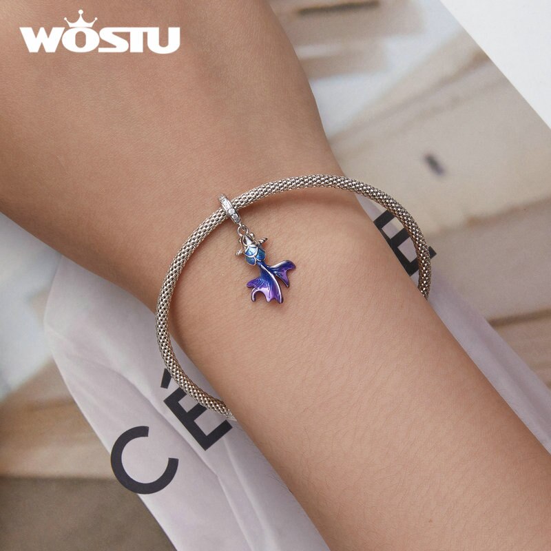 WOSTU 925 Sterling Silver Colorful Gradient Carp Devil Flower Charms Fish Pendant Dragon Scale Beads Fit DIY Bracelet Necklace