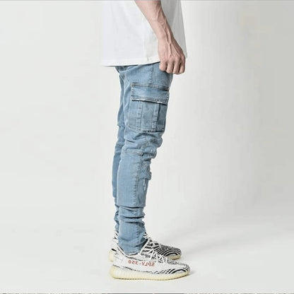 Pantalones vaqueros para hombre, pantalones vaqueros lavados de Color sólido con múltiples bolsillos, pantalones vaqueros Cargo de cintura media de talla grande, pantalones casuales a la moda, ropa de uso diario para hombre