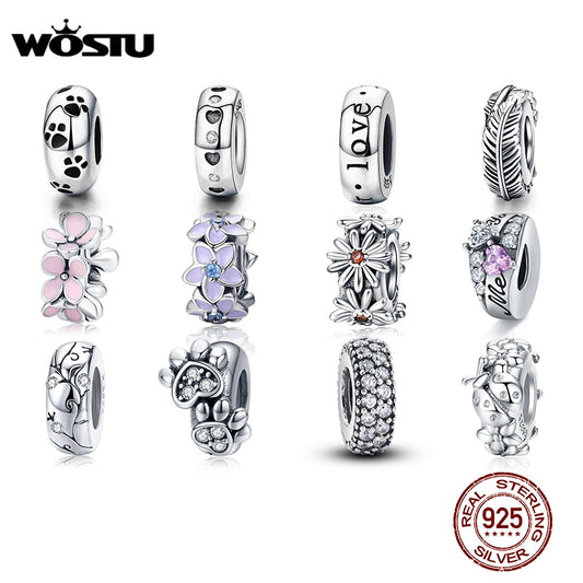 WOSTU Real 925 Sterling Silver 15 Styles Pet Vintage Heart Spacer Stopper Beads fit Wostu original Charm Bracelet Jewelry CQC593