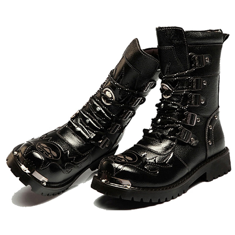 Botas de moto de invierno para hombre, nueva moda, zapatos Punk Rock Punk de media pantorrilla, botas altas negras de cuero genuino para hombre, botas informales para hombre 38-46