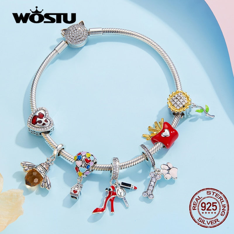 WOSTU 925 Sterling Silver Women Boy Girls Pet Camera Bee Charm Coffee Ladybug Beads Fit DIY Original Bracelet Pendants Jewelry