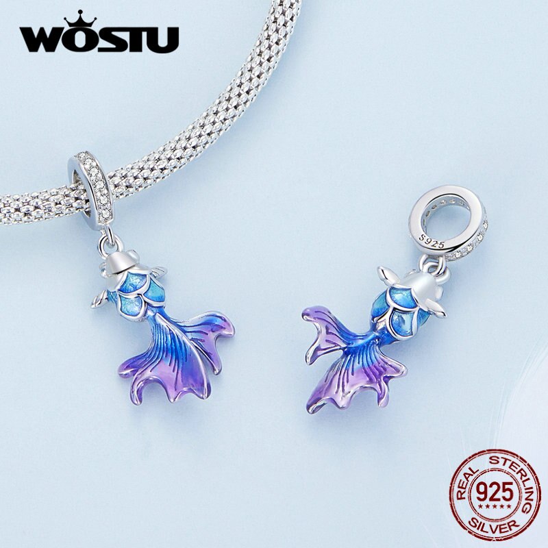 WOSTU 925 Sterling Silver Colorful Gradient Carp Devil Flower Charms Fish Pendant Dragon Scale Beads Fit DIY Bracelet Necklace