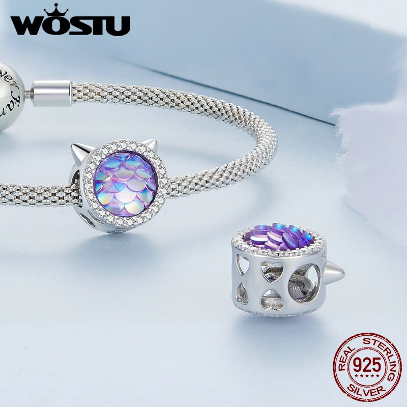 WOSTU 925 Sterling Silver Colorful Gradient Carp Devil Flower Charms Fish Pendant Dragon Scale Beads Fit DIY Bracelet Necklace