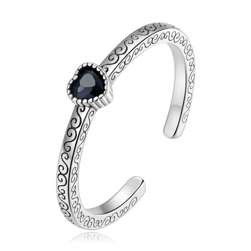 Anillos WOSTU de Plata de Ley 925 con forma de corazón clásico y cristal negro CZ para mujer, anillo con patrón de flores Retro, regalo especial para ella