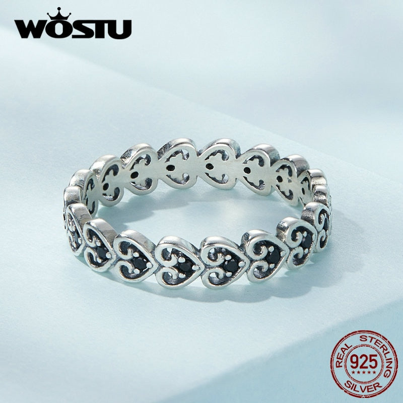 WOSTU Real 925 Sterling Silver Vintage Heart Shape Rings For Women Black CZ Lovely Hollow Ring Girl Wedding Party Jewelry Gift