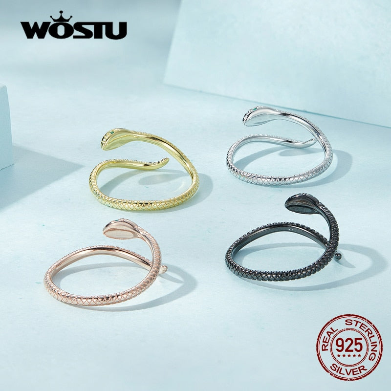 WOSTU New Black Snake Ring 100% 925 Sterling Silver Plated Black Gold Animal Snake Open Ring For Women Fine S925 Jewelry Present