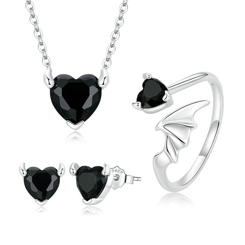 WOSTU 100% 925 Sterling Silver Devil Heart Ear Studs Ring &amp; Necklace Sets for Women Fine Heart Zircon Anniversary Jewelry Suits