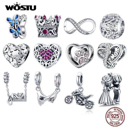 WOSTU Real 925 Sterling Silver Heart Beads Flower Retro Pattern Charms Pendant Fit Original DIY Bracelet Necklace Silver Jewelry