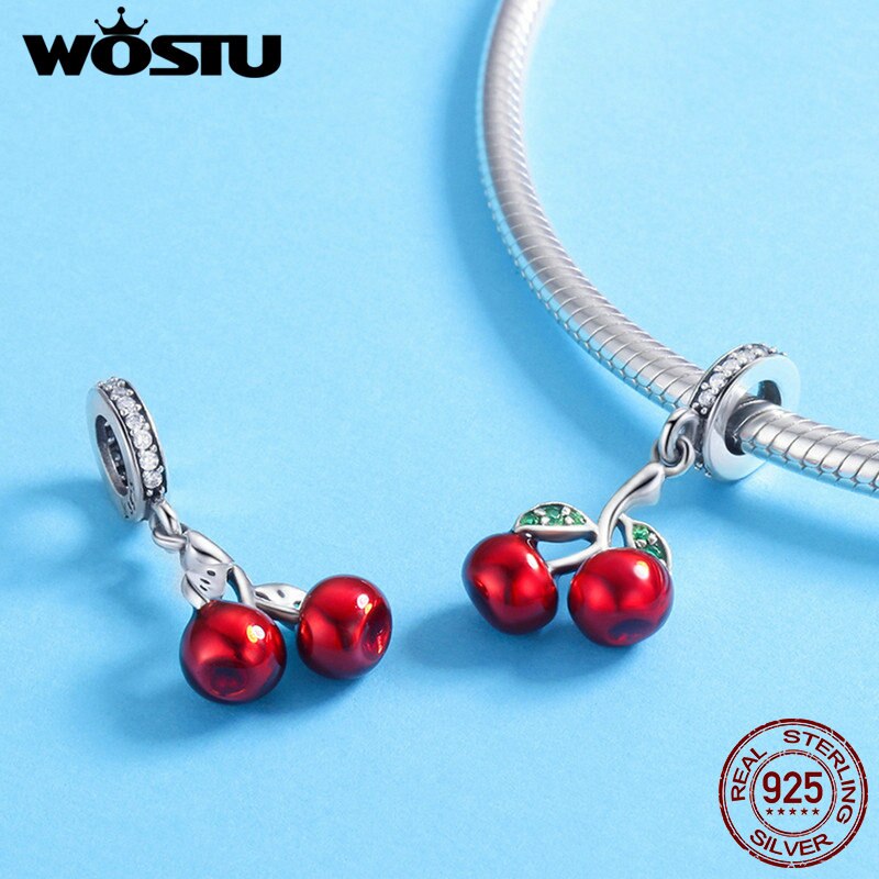 WOSTU Retro 925 Plata de Ley Rosa flor encantos copa de vino colgante cereza cuentas ajuste Original pulsera DIY collar joyería hacer