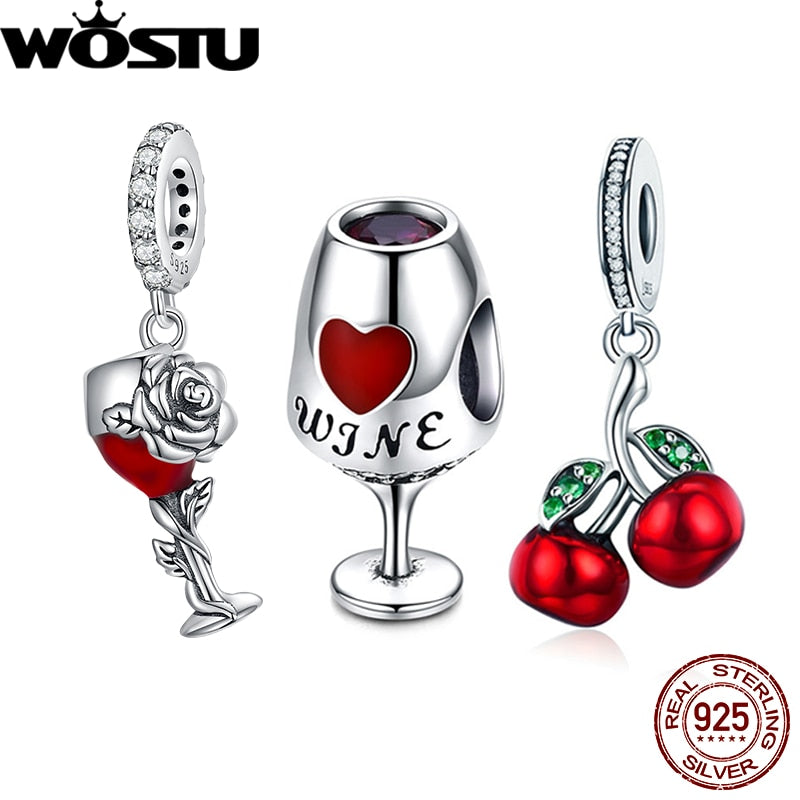 WOSTU Retro 925 Sterling Silver Rose Flower Charms Wine Cup Pendant Cherry Beads Fit Original Bracelet DIY Necklace Jewelry Make