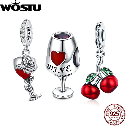 WOSTU Retro 925 Plata de Ley Rosa flor encantos copa de vino colgante cereza cuentas ajuste Original pulsera DIY collar joyería hacer