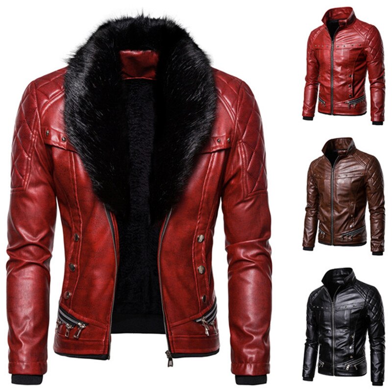 2023 New Design Motorcycle Bomber Add Wool Leather Jacket Men Autumn Turn Down Fur Collar Removable Slim Fit Male Warm Pu Coats