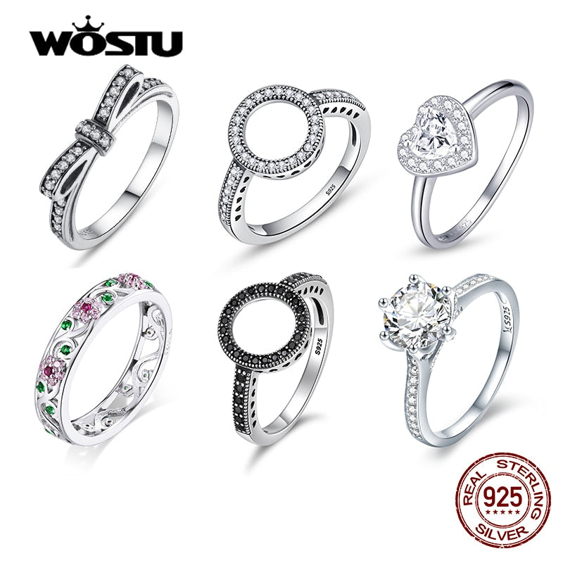 WOSTU Hot Sale Real 925 Sterling Silver Lucky Circle Finger Rings For Women Heart CZ Rings Fashion Jewelry Gifts Dropshipping