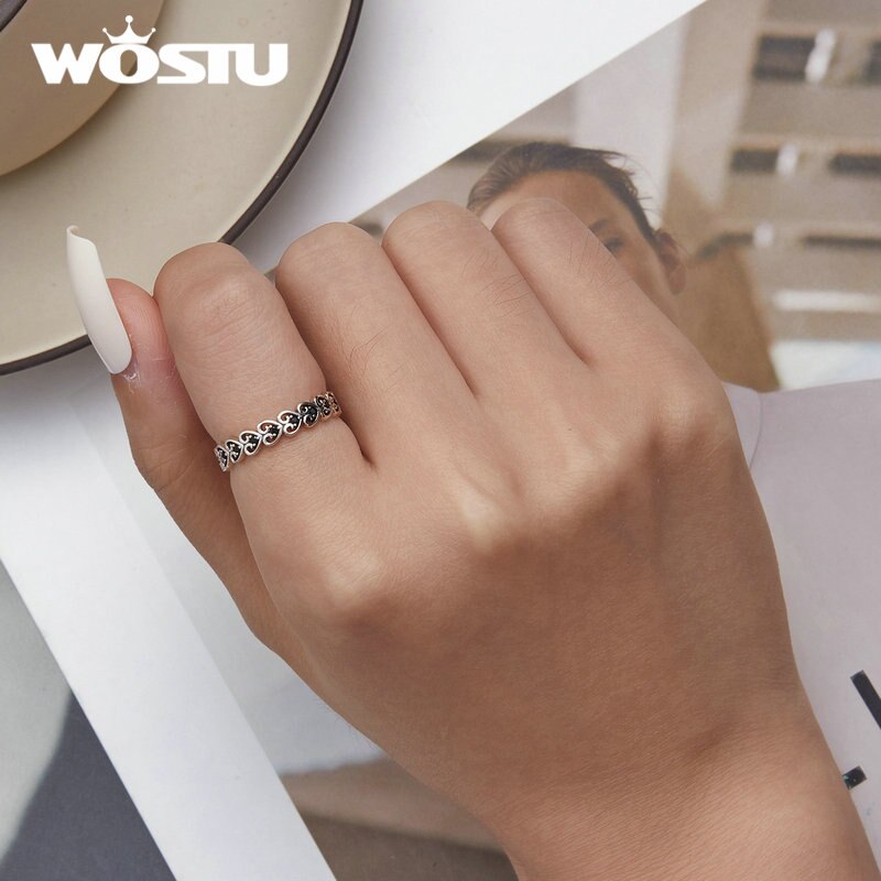 WOSTU Real 925 Sterling Silver Vintage Heart Shape Rings For Women Black CZ Lovely Hollow Ring Girl Wedding Party Jewelry Gift